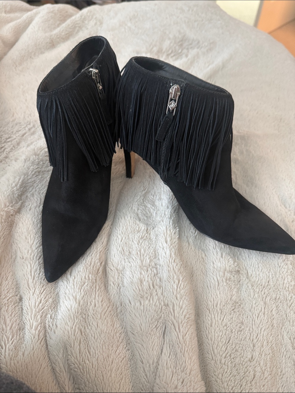 Sam Edelman Kandice Black Suede Fringe Black Booties